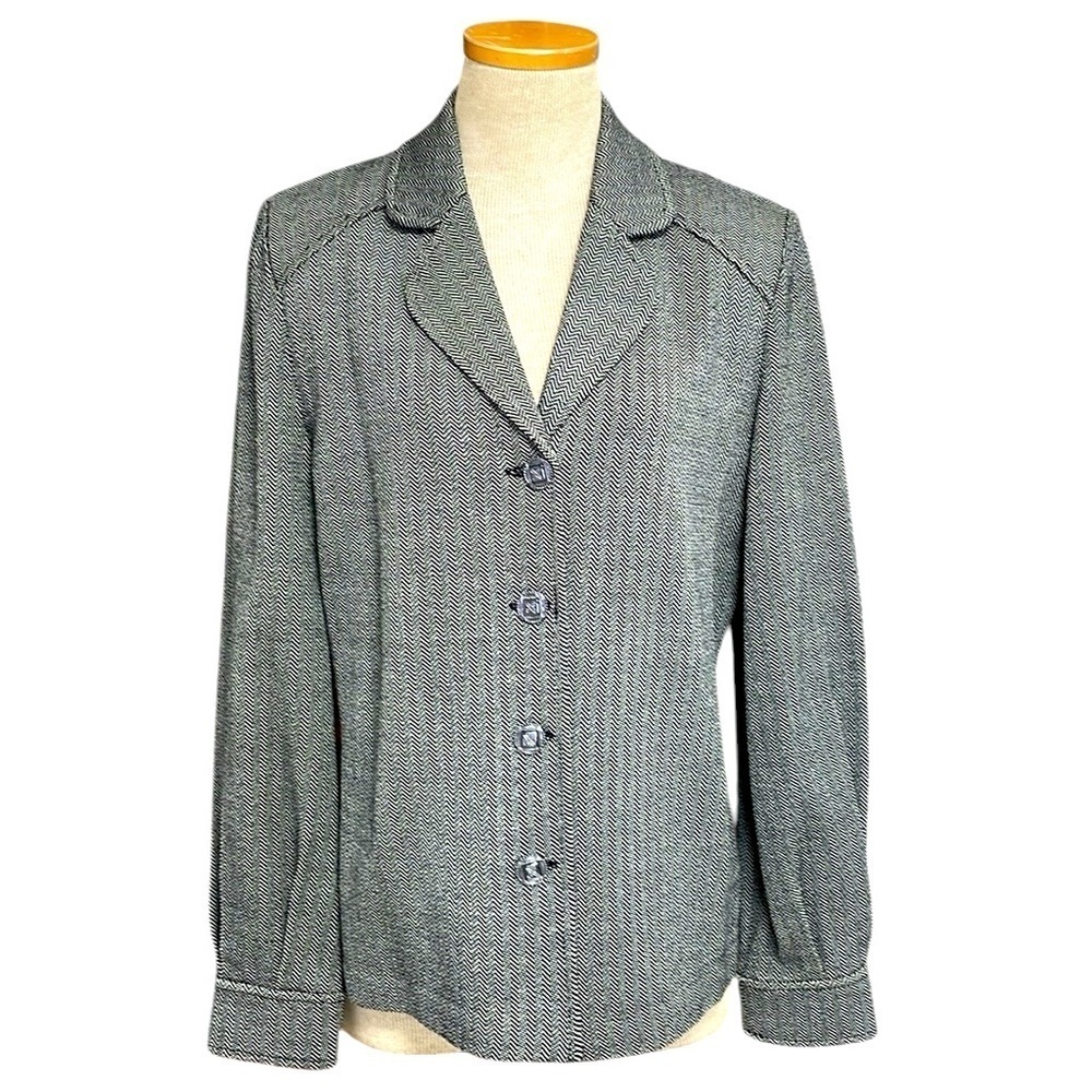 ST. JOHN Jacket Blazer Cardigan Black White Herringbone Stretch Buttons Size 8